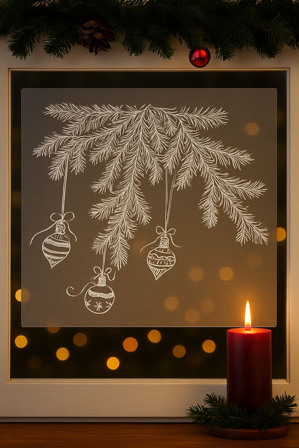 Fensterdekorationsmotiv mit weißen Tannenzweigen und drei hängenden Weihnachtskugeln auf grauem Hintergrund, umrahmt von festlicher Dekoration mit Kerze und roter Kugel.