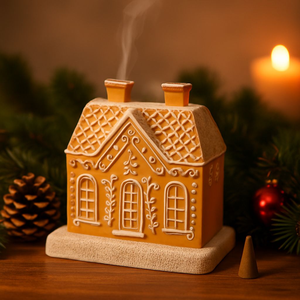 Dekoratives Lebkuchenhaus aus Keramik mit weißer Zuckerguss-Verzierung, zwei Schornsteinen mit Rauch, auf Holzsockel vor weihnachtlichem Hintergrund mit Tannenzapfen und roten Kugeln.