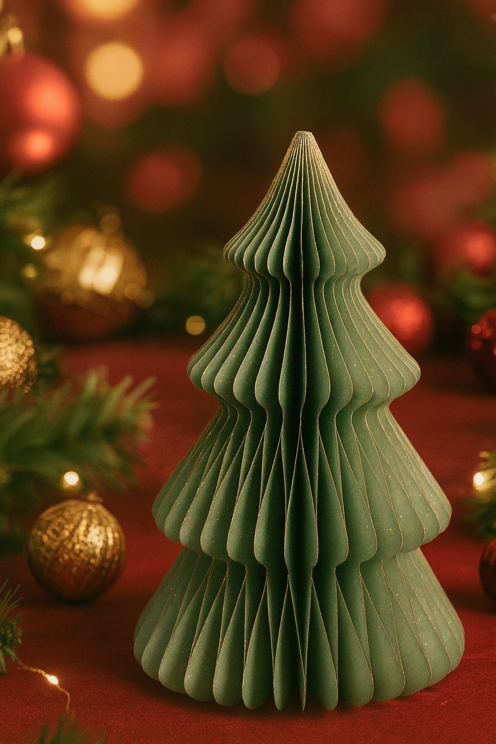 Eleganter gefalteter Papierbaum in Salbeigrün auf rotem Untergrund mit goldenen Weihnachtskugeln und unscharfem festlichem Hintergrund.