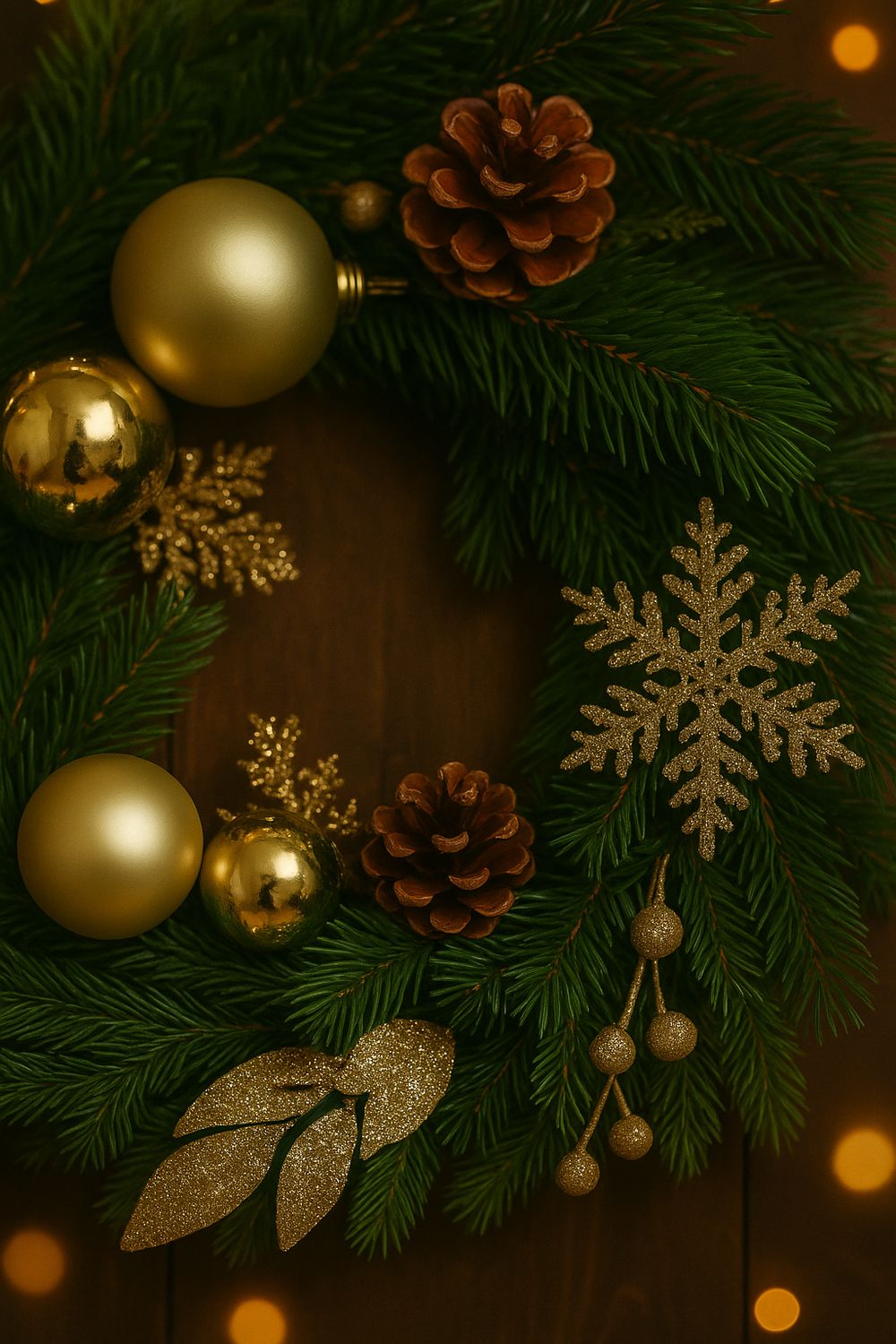 Eleganter Weihnachtskranz aus grünen Tannenzweigen mit goldenen Kugeln, braunen Zapfen, glitzernden Schneeflocken und Blattdekorationen.
