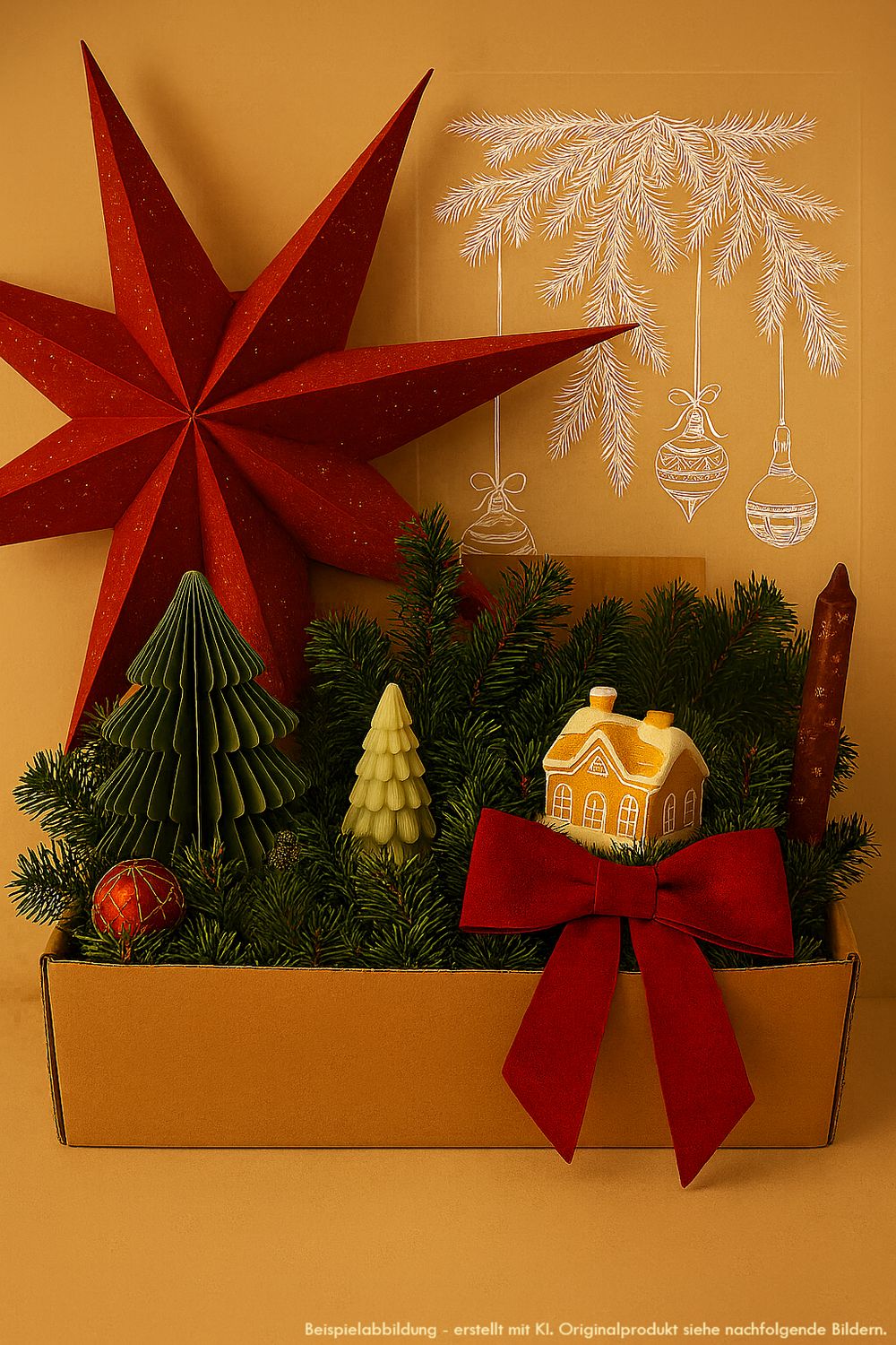 Festliche Geschenkbox mit grünem Tannengrün, goldenen Bäumchen, Lebkuchenhaus, rotem Samtband und großem roten Stern vor gelbem Hintergrund