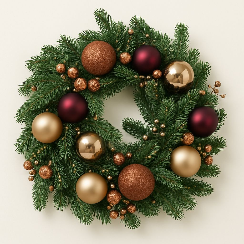 Eleganter Adventskranz aus Tannengrün mit glänzenden und matten Weihnachtskugeln in Gold, Bronze und Bordeaux sowie dekorativen Perlen