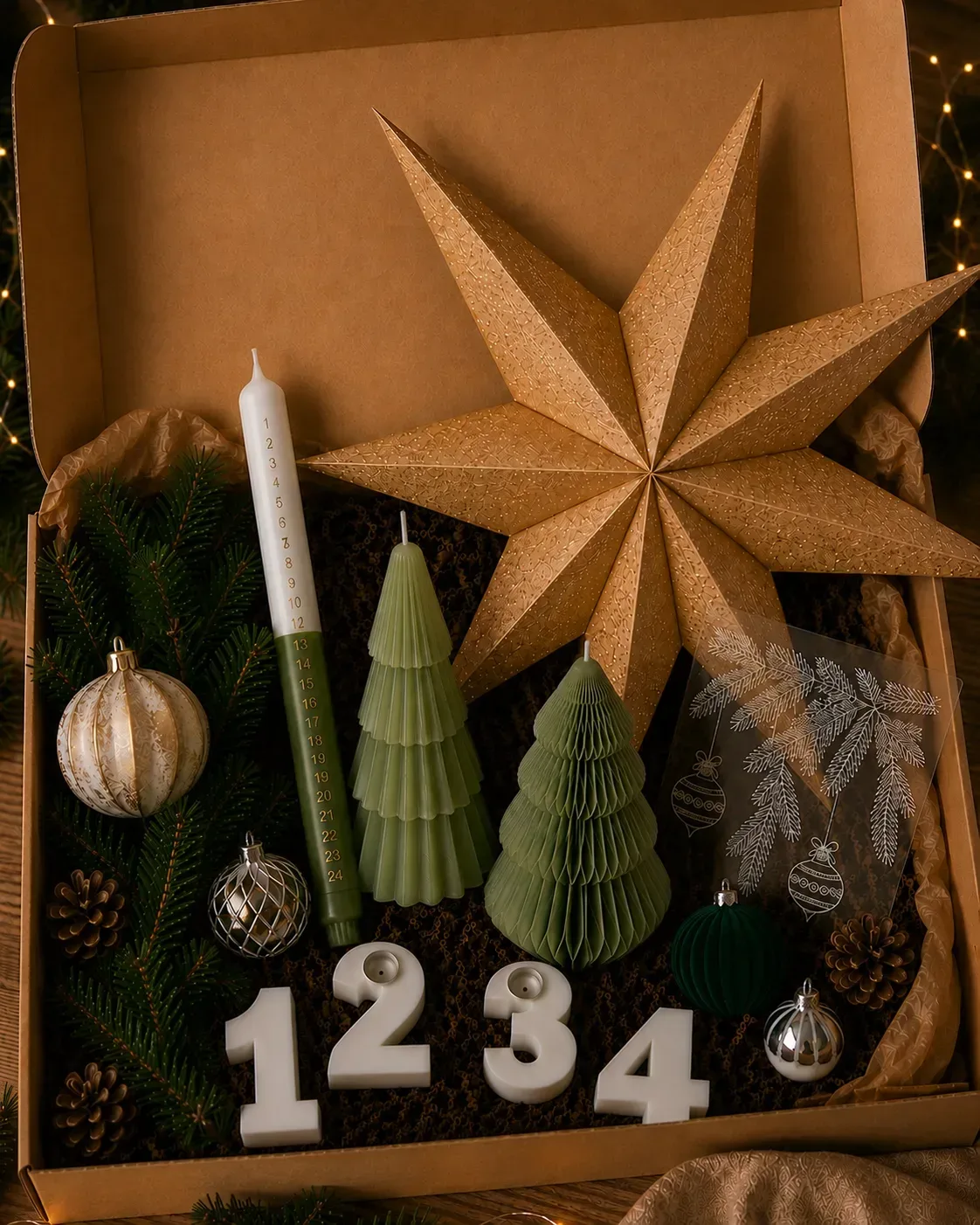Weihnachtsdekorations-Adventskalender in Geschenkbox mit Korkstar, grünen Papierbäumen, Kerze, Christbaumkugeln und Zahlen 1-4